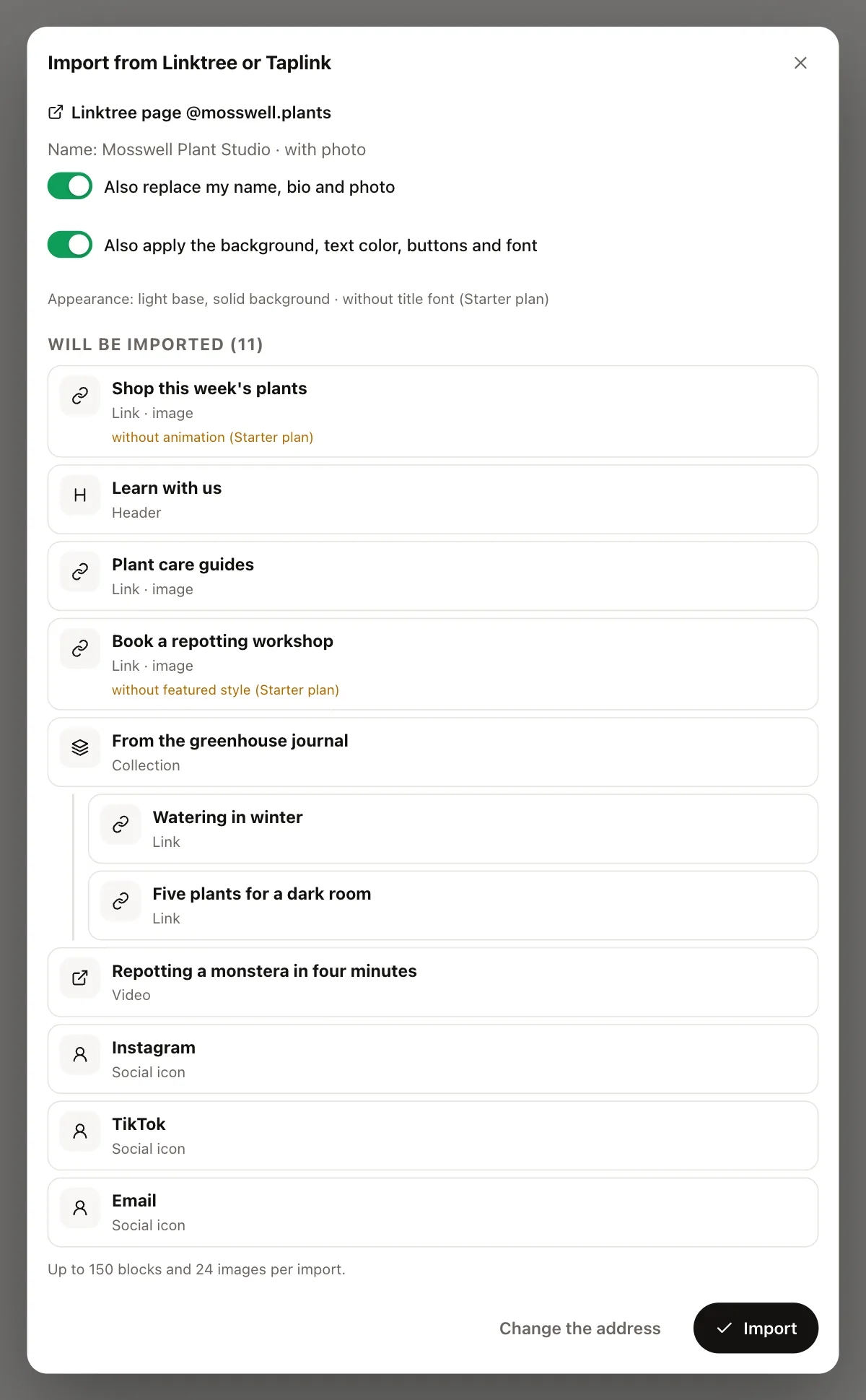 MonoProfile import dialog for a fictional Linktree page: name and photo taken over, and 11 items to import (a featured link, a section header, links with images, a collection with two links, a video and three social icons), with notes on the animation and the second featured style that the free plan leaves out.