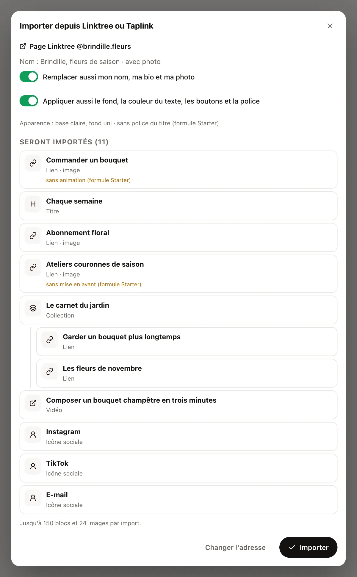 Fenêtre d'import de MonoProfile pour une page Linktree fictive : nom et photo repris, et 11 éléments à importer (un lien mis en avant, un titre de section, des liens avec image, une collection de deux liens, une vidéo et trois icônes sociales), avec l'animation et la seconde mise en avant que la formule gratuite écarte.