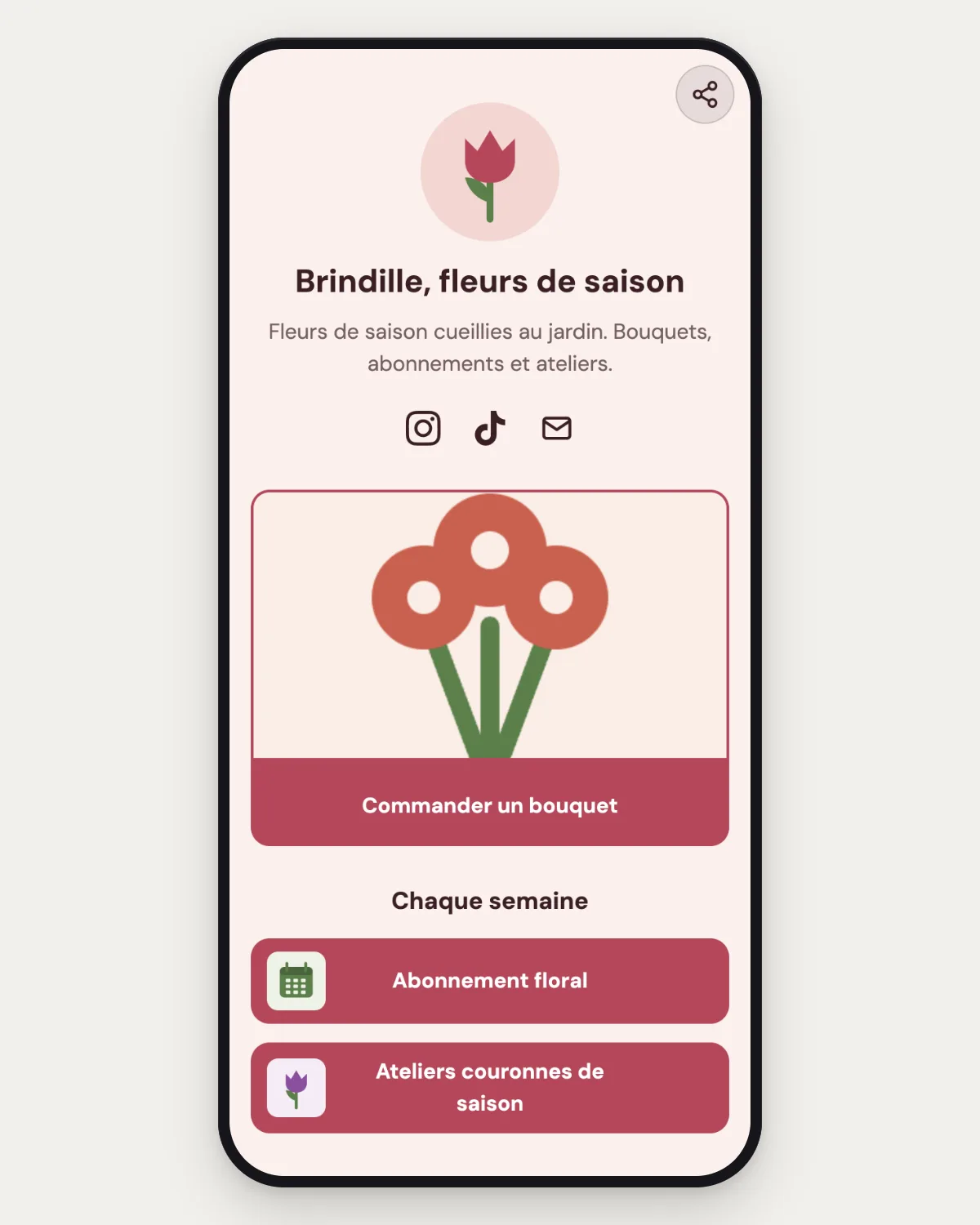 La page importée sur un téléphone : un fleuriste fictif avec sa photo, son nom, sa bio, ses icônes, un lien mis en avant avec une image et des liens avec vignettes, dans ses couleurs d'origine.
