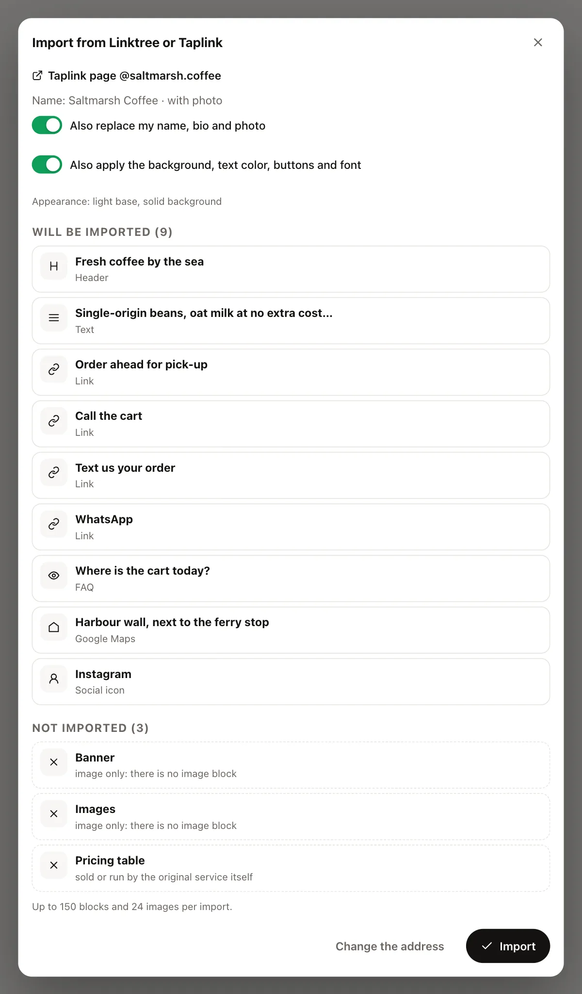 MonoProfile import dialog for a fictional Taplink page of a coffee cart: 9 items to import (heading, text, links to order, call and text, WhatsApp, an FAQ, a map and a social icon) and 3 items not imported with their reasons: a banner, an image gallery and a pricing table.