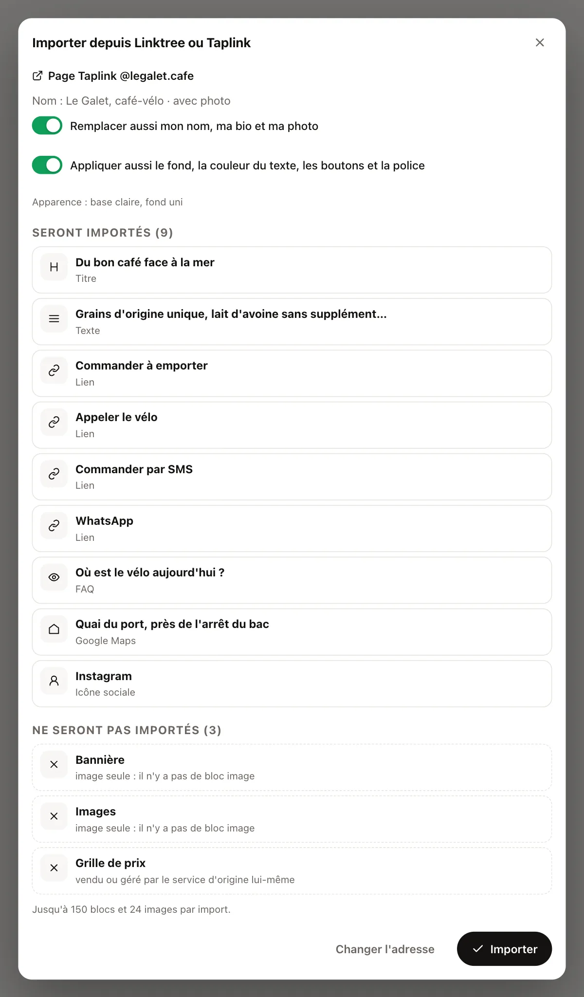 Fenêtre d'import de MonoProfile pour la page Taplink fictive d'un café à vélo : 9 éléments à importer (titre, texte, liens pour commander, appeler et envoyer un SMS, WhatsApp, FAQ, carte et icône sociale) et 3 éléments non importés avec leur raison : une bannière, une galerie d'images et une grille de prix.