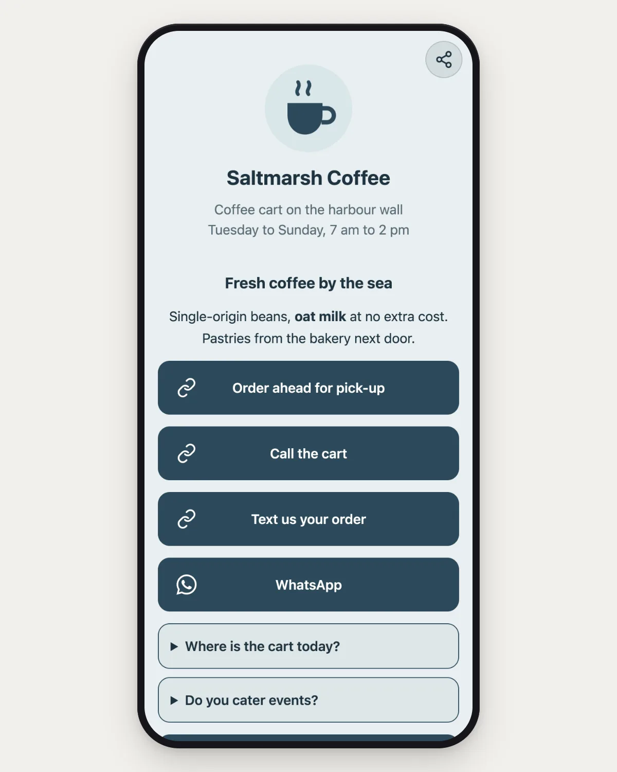 The imported page on a phone: a fictional coffee cart with its photo, opening hours, a heading, a short text and buttons to order, call, send a text message and message on WhatsApp, followed by FAQ questions.